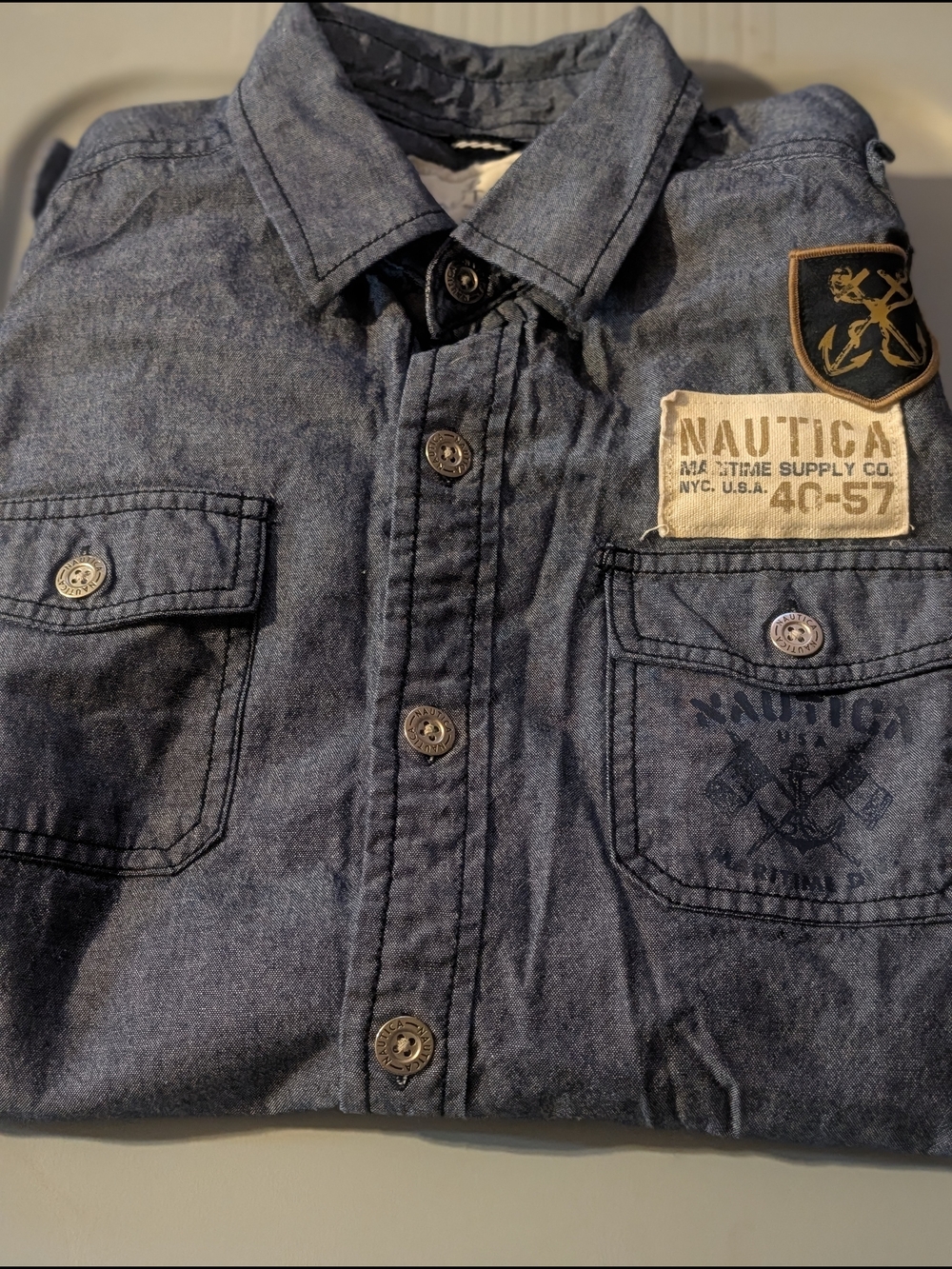 Nautica Kids Trendy Jean Look Button-Down Shirt with Patches